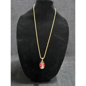 Vintage Joan Rivers Ladybug Egg Pendant Necklace Enamel Crystal Goldtone 30"